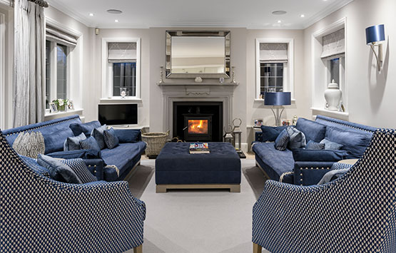 Designed seating area with blue furniture