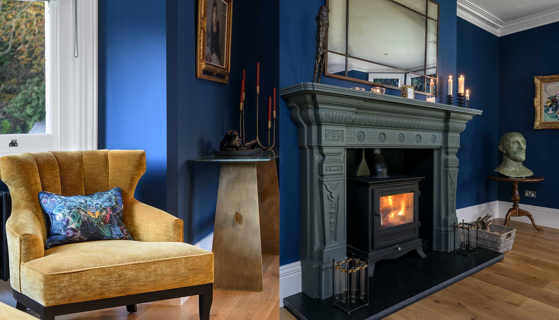Chair with yellow soft fabric beside lit fireplace