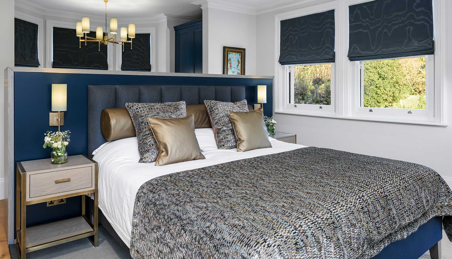 View of bedroom detailing fabric examples
