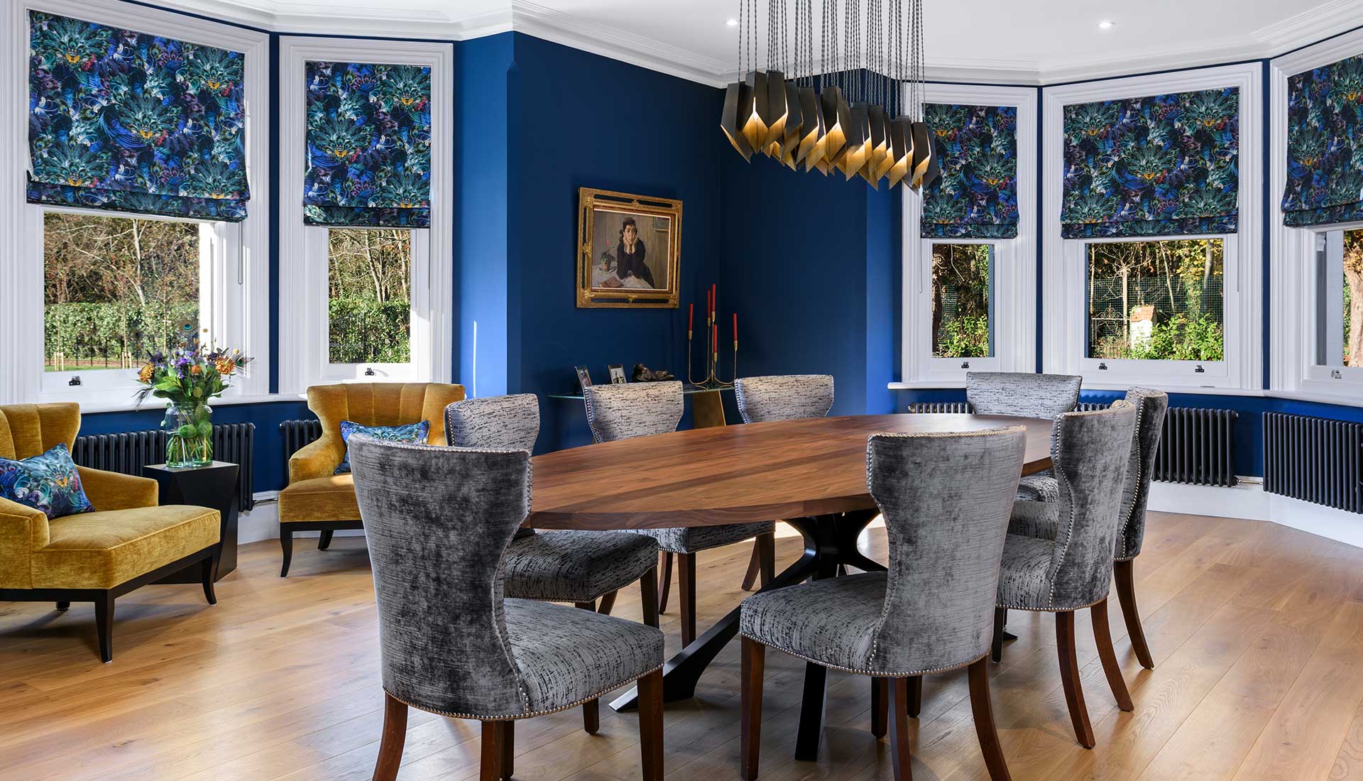 Full view of dining table and chairs with fireplace