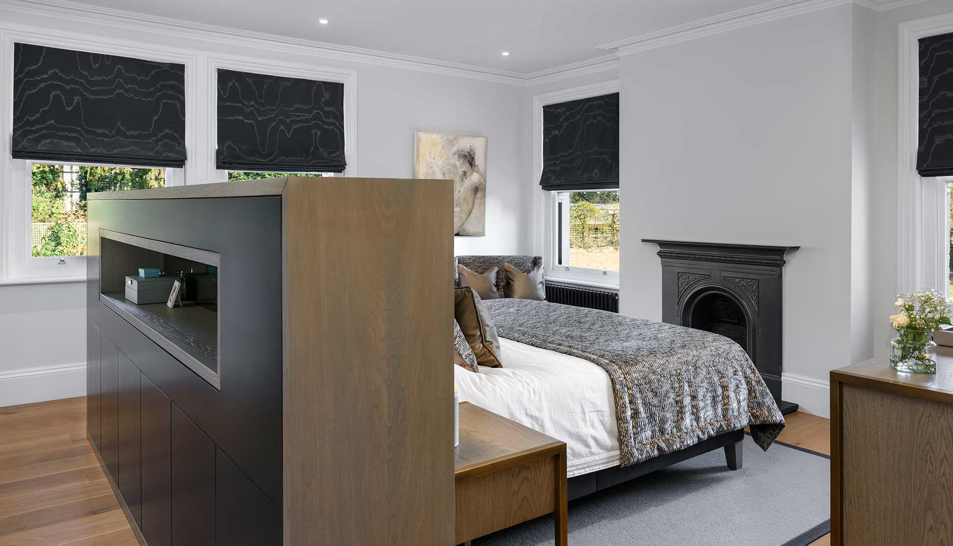 Dark wood materials in bedroom