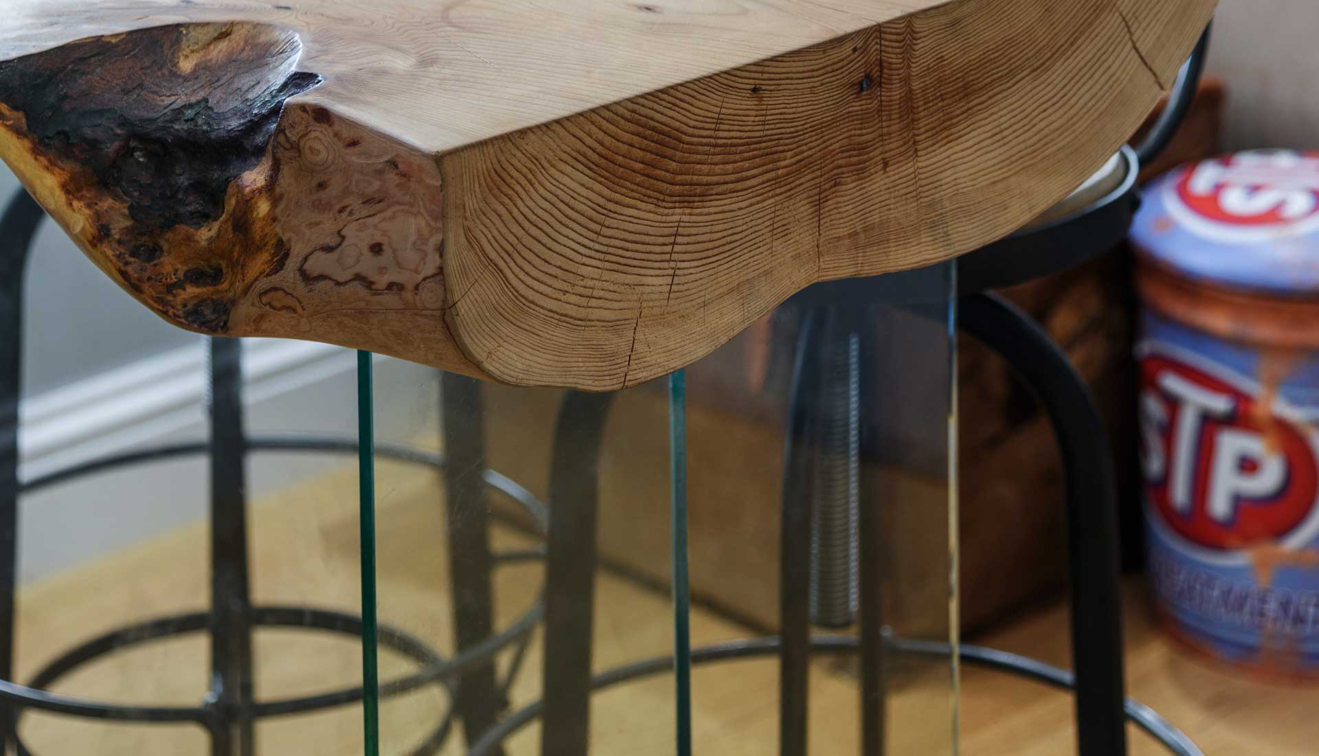 Wooden table and bar stools