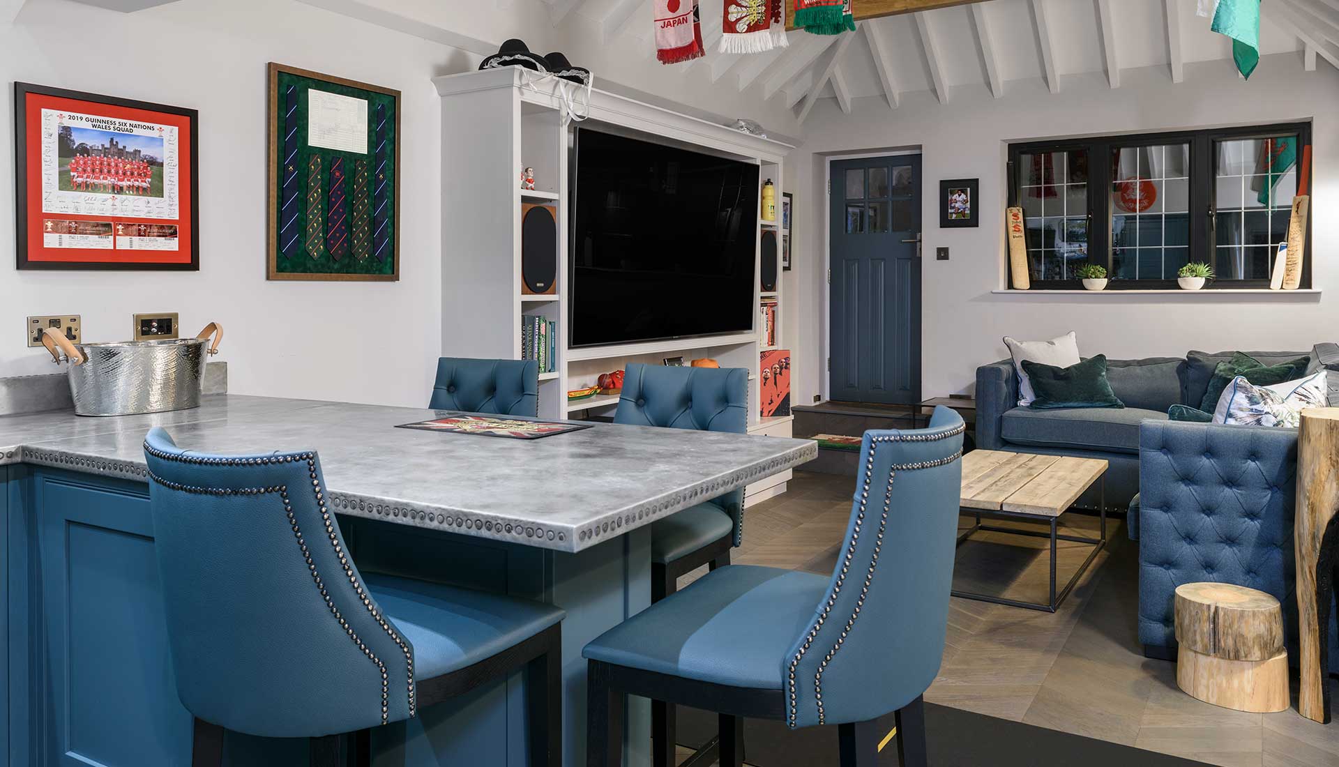 Blue bar stools in the extension at sonning house