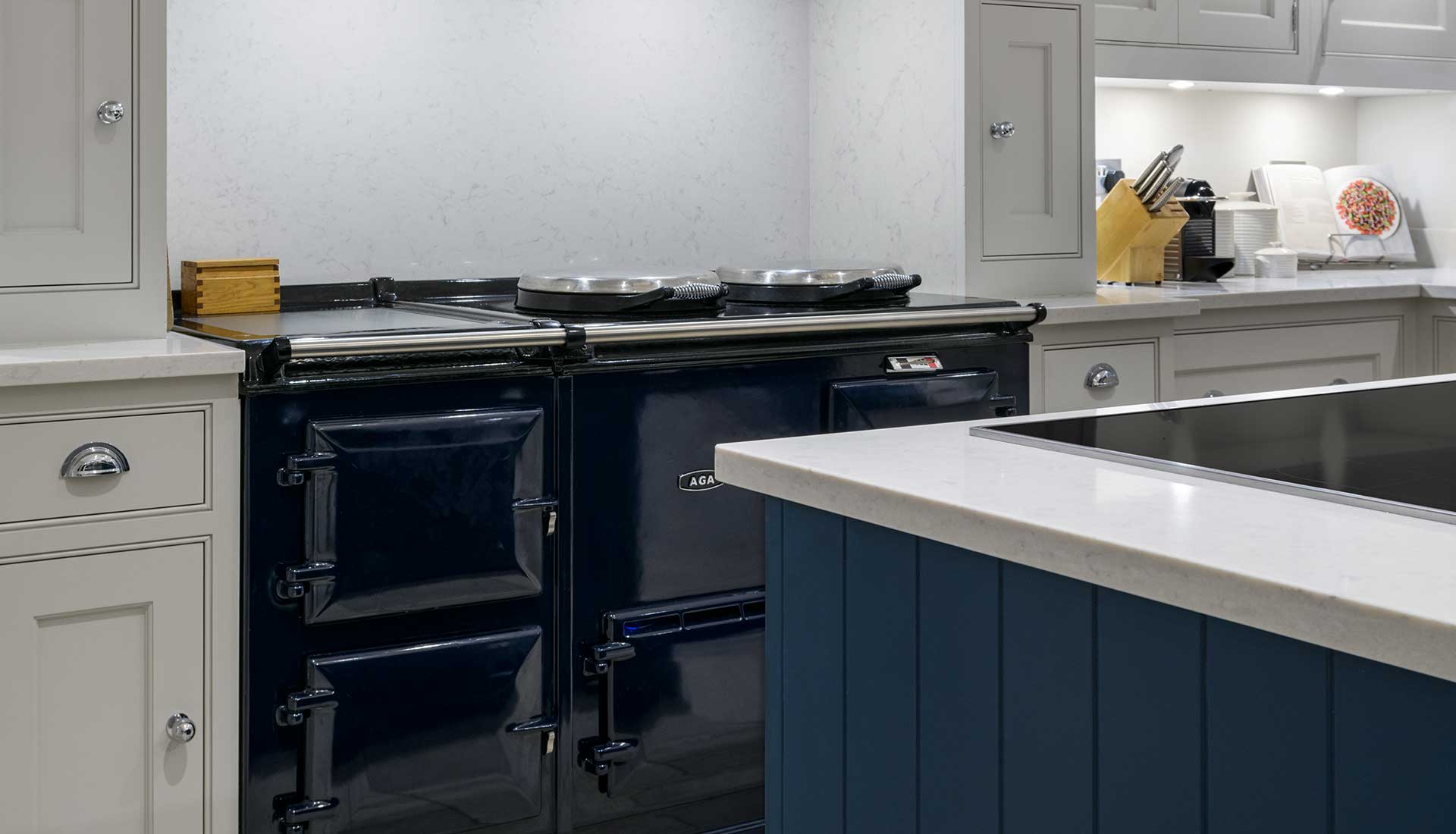 Close up of dark blue aga in kitchen
